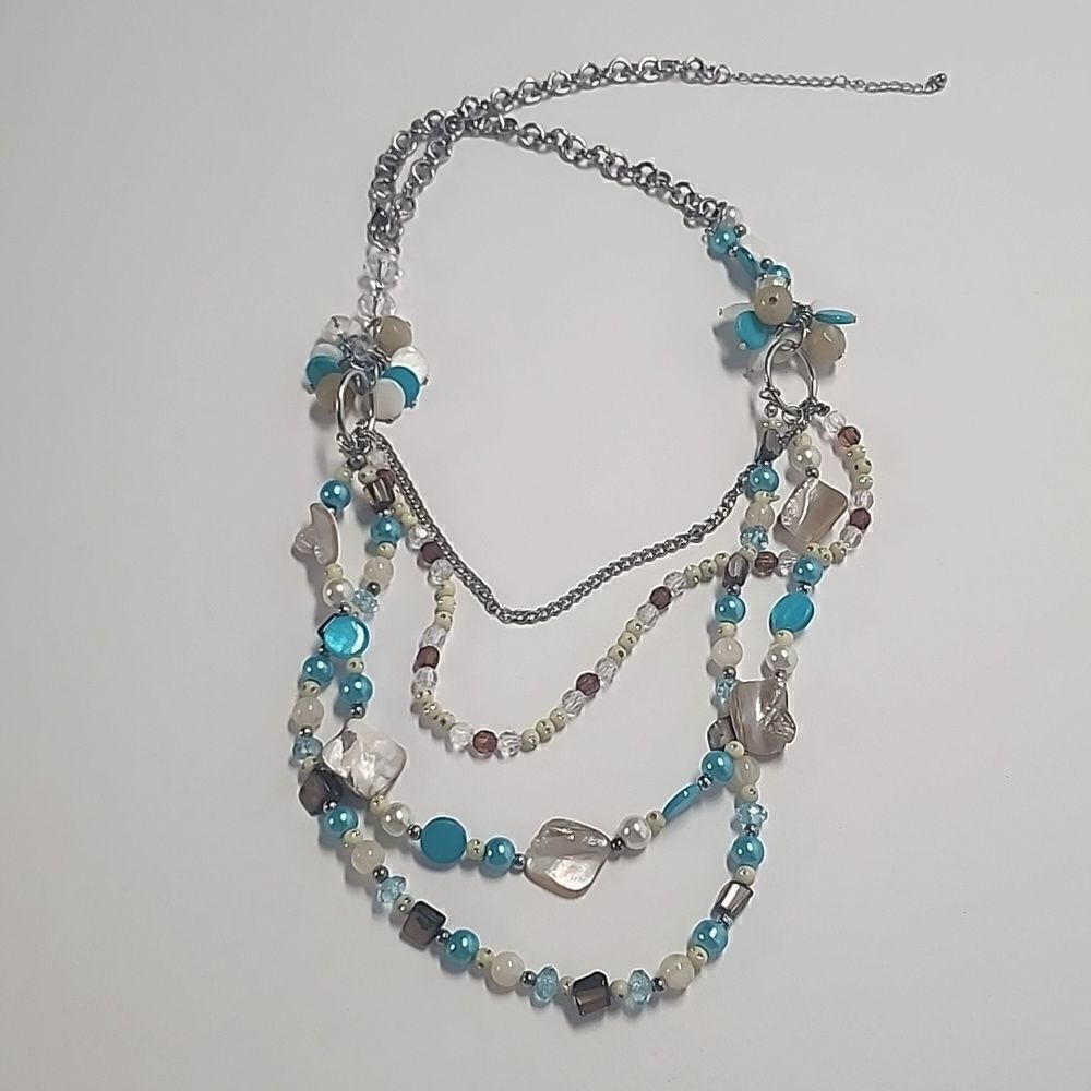 Multilayered Womens Necklace Mother of Pearl Blue Beads Silver Tone Chain